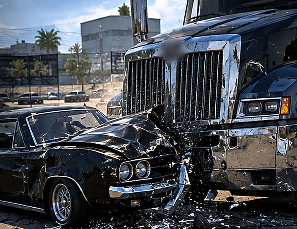 Concept art: black classic car with a crumpled front end after a head-on collision with a truck