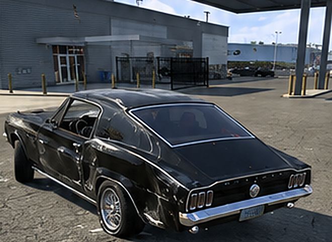 Concept art: black fastback car with dents along its side at a fuel station