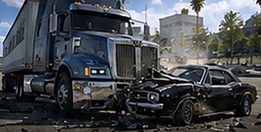 Concept art: a truck hitting the front of a black car, with debris on the road